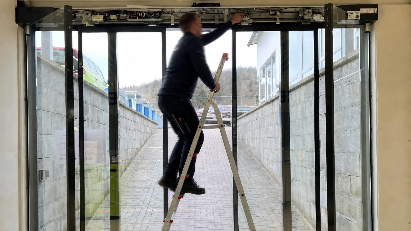 Wartung einer automatischen Schiebetür durch Automatiktür24 Techniker